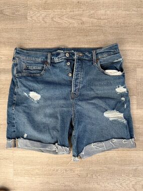 Distressed High-Rise Denim Shorts - Blue